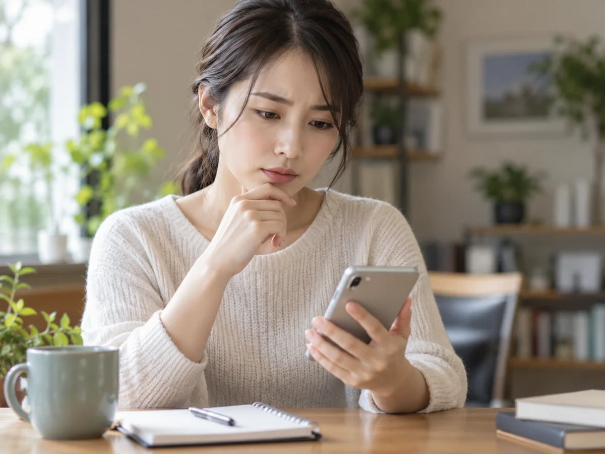スマートフォンでやり取りを見返しながら、気になる点を確認している女性