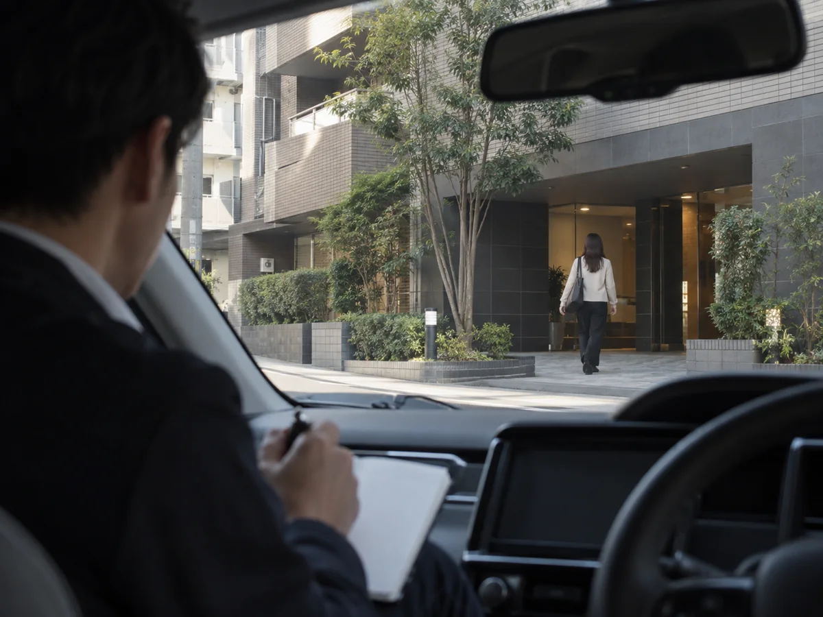 車内から対象者の動きを確認しながら記録をとる調査員